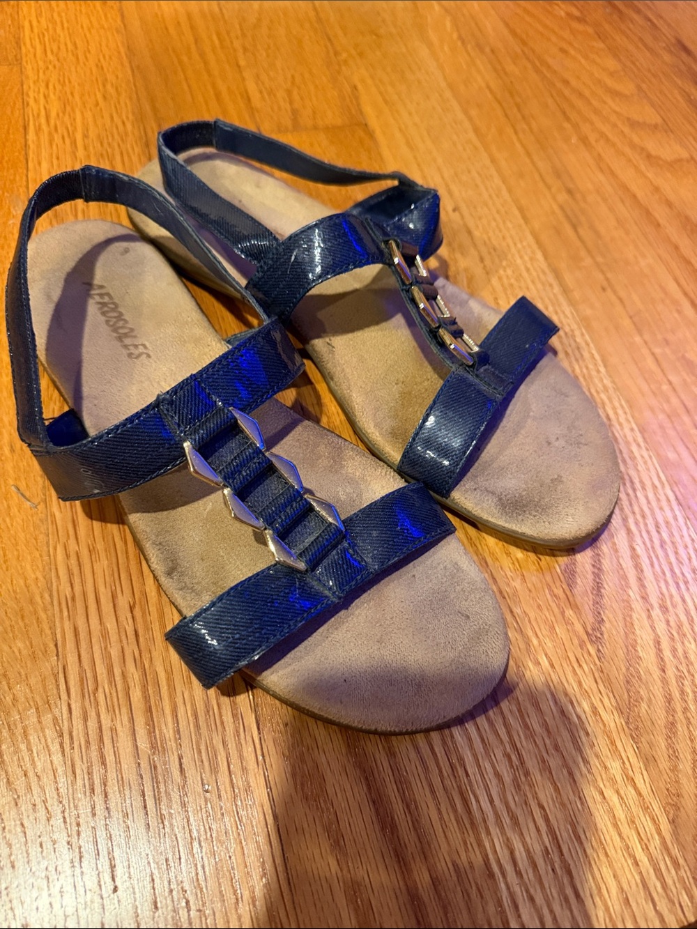 Navy aerosoles  Patent T-Strap Sandals with Silver Accents